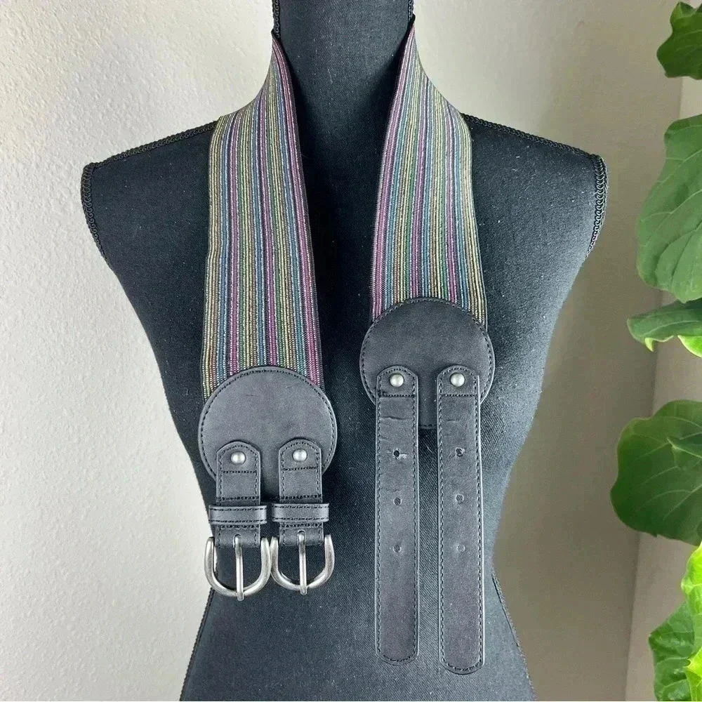 Women’s Wide Multicolored Elastic Vegan Leather Brushed Silver Tone Buckles Belt